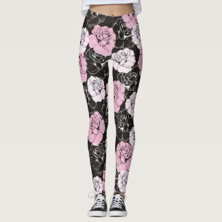 Pink Black White Flower Leggings
