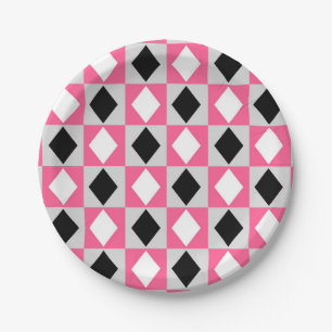 Pink Black White Geometric Rhombus Diamond Paper Plate