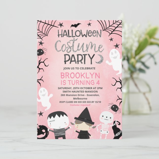 Pink Black White Girls Halloween Party Birthday Invitation (Standing Front)