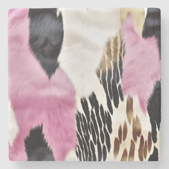 Pink Black White Gold Cowhide Stone Coaster (Front)
