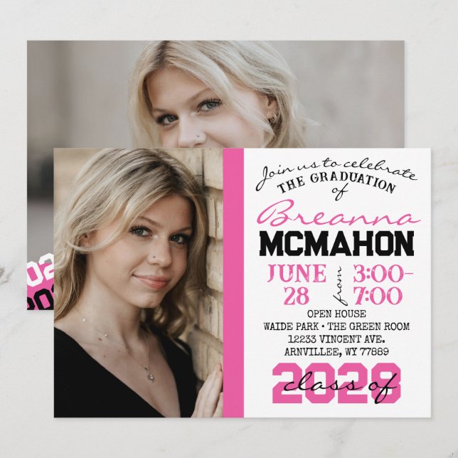 Pink, Black & White Graduation 2 Photo Invitation (Front/Back)