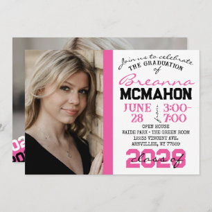 Pink, Black & White Graduation 2 Photo Invitation
