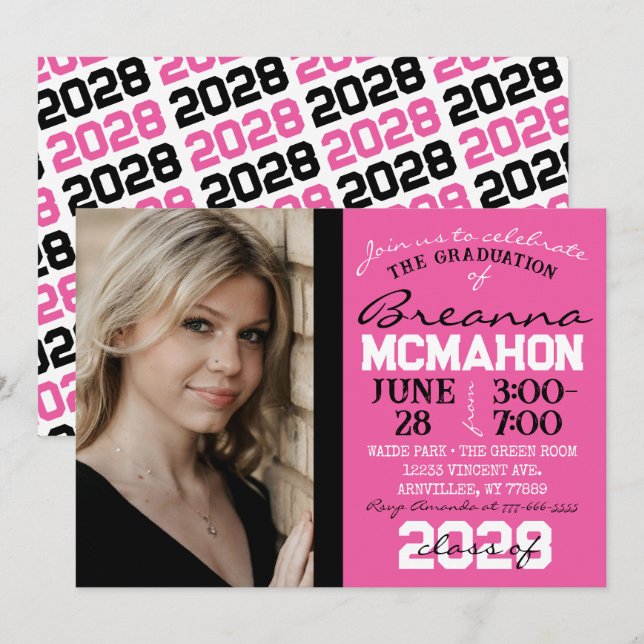 Pink, Black & White Graduation Photo Invitation (Front/Back)