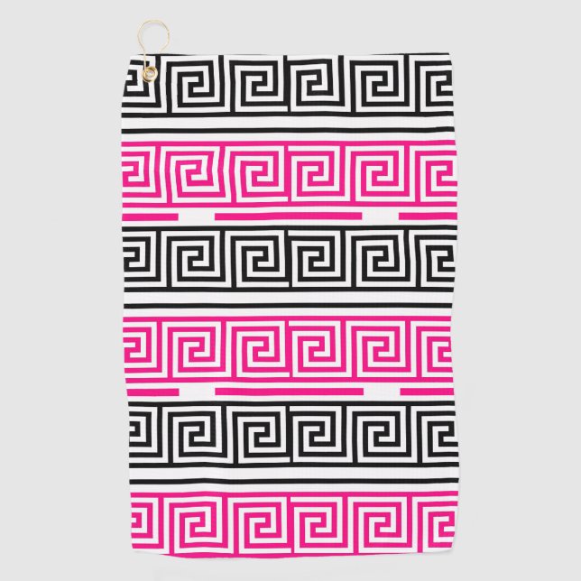Pink Black White Greek Key Fret Pattern Design  Golf Towel (Front)