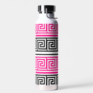 Pink Black White Greek Key Fret Pattern Design Water Bottle