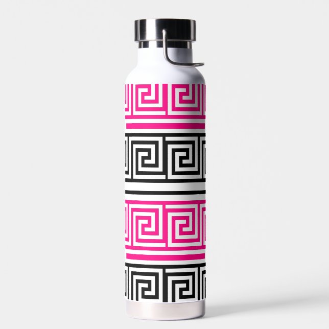 Pink Black White Greek Key Fret Pattern Design  Water Bottle (Left)