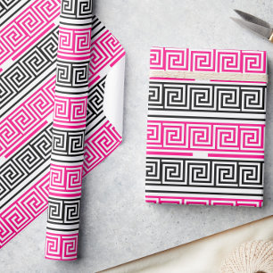 Pink Black White Greek Key Fret Pattern Design Wrapping Paper