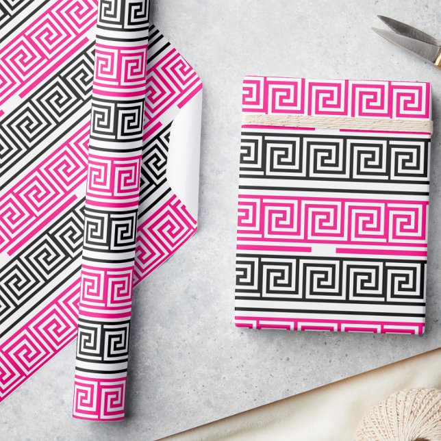 Pink Black White Greek Key Fret Pattern Design  Wrapping Paper (Creator Uploaded)