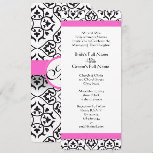 Pink Black White Heart Damask Wedding Invitation