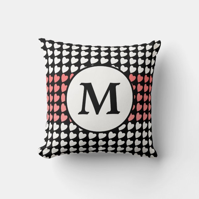 Pink Black White Heart Pattern Monogram Cushion (Front)