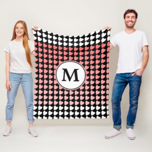 Pink Black White Heart Pattern Monogram Fleece Blanket