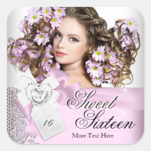 Pink Black White Lace Sweet Sixteen Sweet 16 Square Sticker