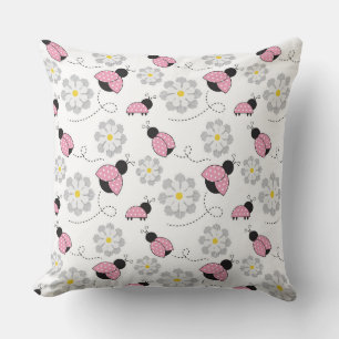 PINK BLACK WHITE LADYBUGS & WHITE DAISIES CUSHION