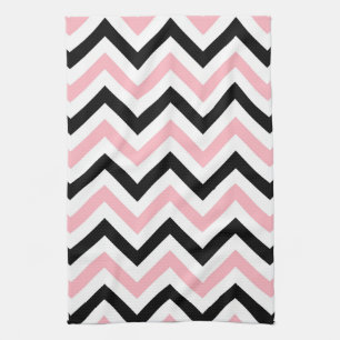 Pink, Black, White Large Chevron ZigZag Pattern Tea Towel