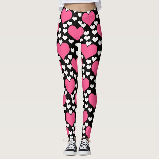 Pink Black White Love Hearts Pattern Design  Leggings (Front)