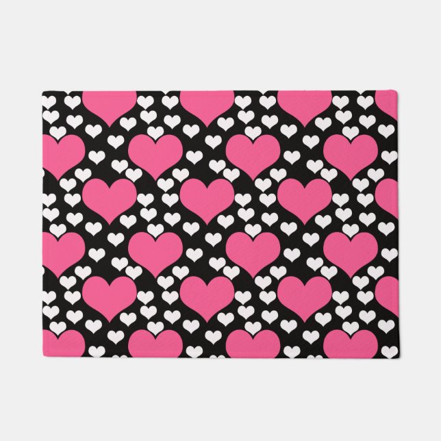 Pink Black White Love Hearts Pattern  Doormat (Front)