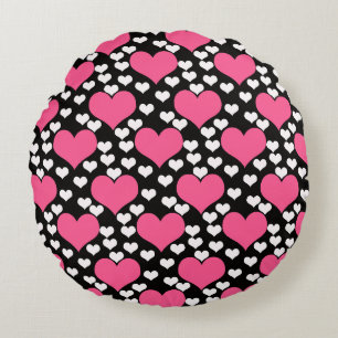 Pink Black White Love Hearts Pattern Round Cushion