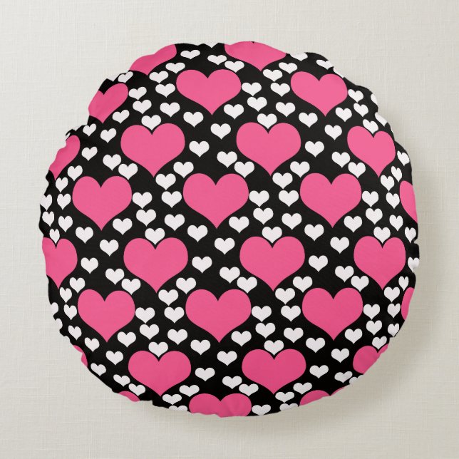 Pink Black White Love Hearts Pattern  Round Cushion (Front)