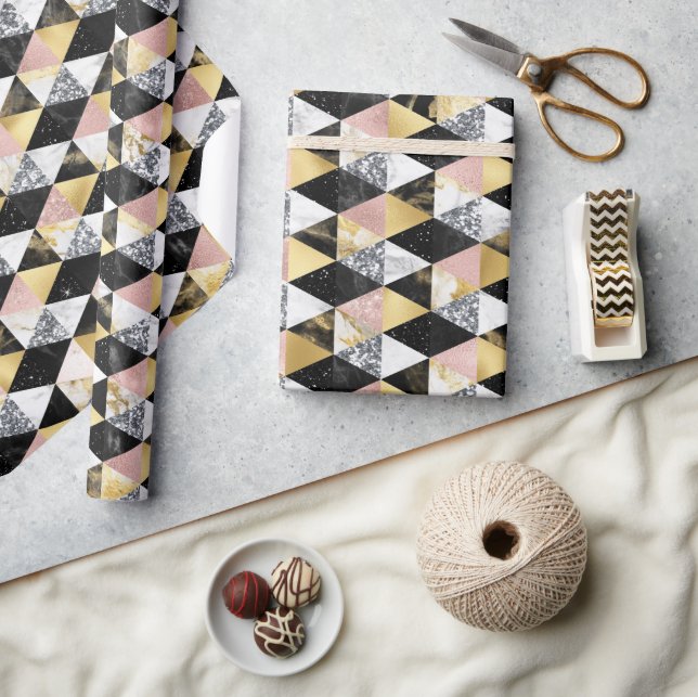 Pink, Black & White Marble Texture Geometric Wrapping Paper (Crafts)