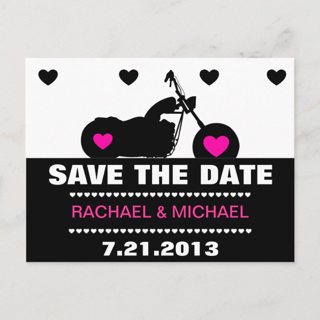 Pink,Black & White Motorcycle Biker Save the Date Announcement Postcard (Front)