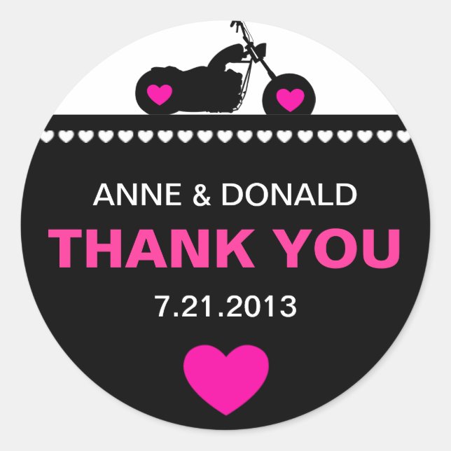 Pink Black, White Motorcycle Biker Thank You Classic Round Sticker (Front)