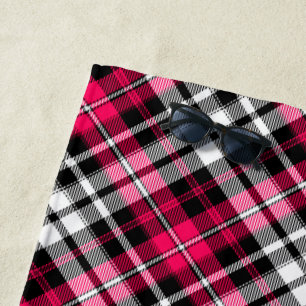 Pink Black White Plaid Tartan Beach Towel