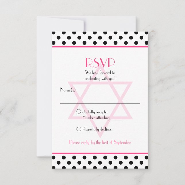 Pink Black White Polka Dot Bat Mitzvah Reply Card (Front)