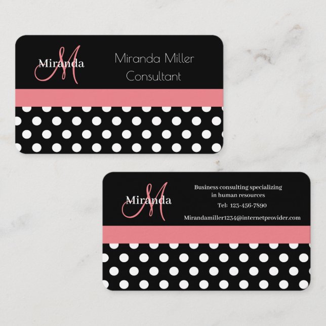 Pink Black White Polka Dot Monogram Business Card (Front/Back)