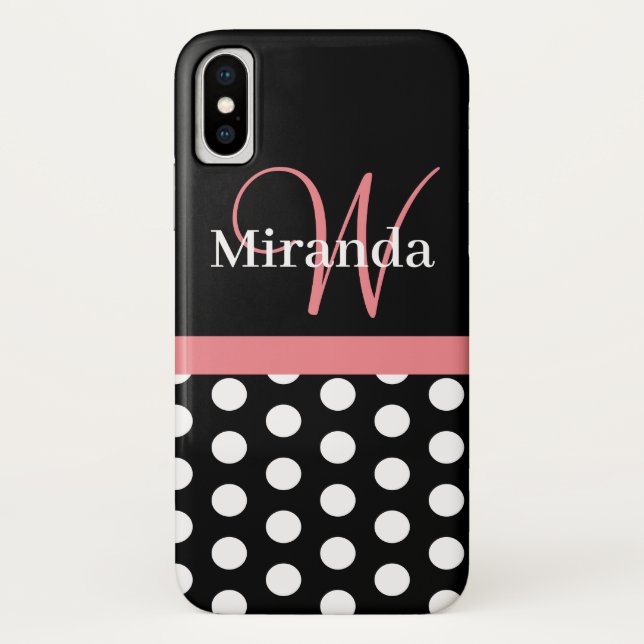 Pink Black White Polka Dot Monogram Case-Mate iPhone Case (Back)