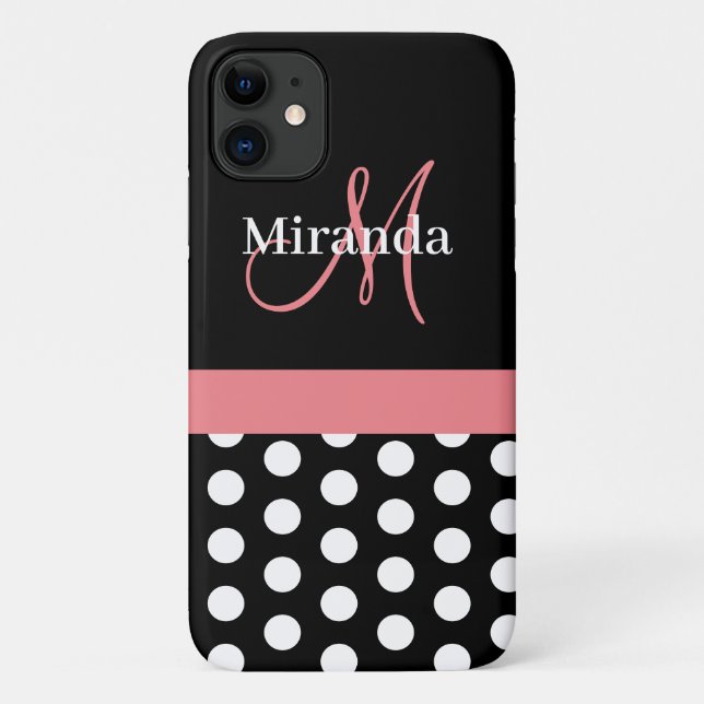 Pink Black White Polka Dot Monogram Case-Mate iPhone Case (Back)