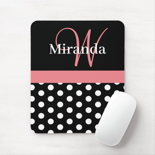 Pink Black White Polka Dot Monogram Mouse Mat (With Mouse)