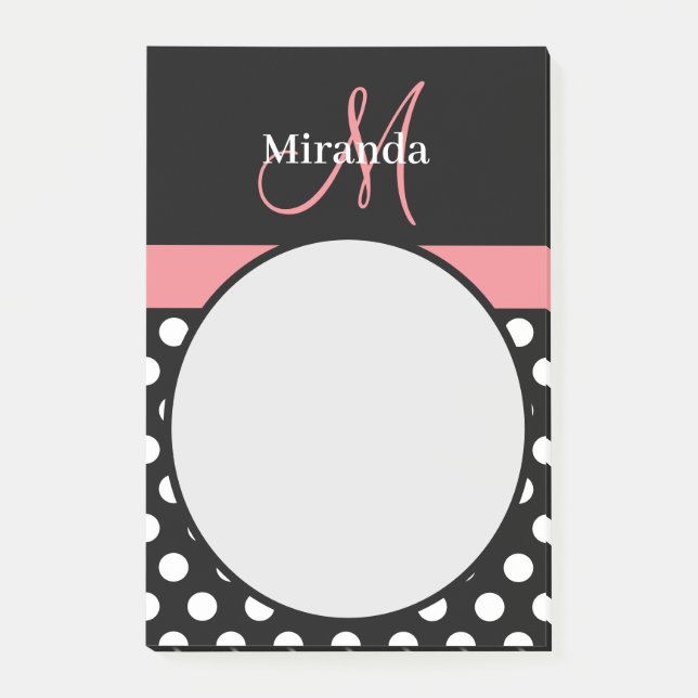 Pink Black White Polka Dot Monogram Post-it Notes (Front)