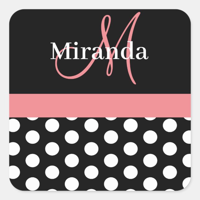 Pink Black White Polka Dot Monogram Square Sticker (Front)