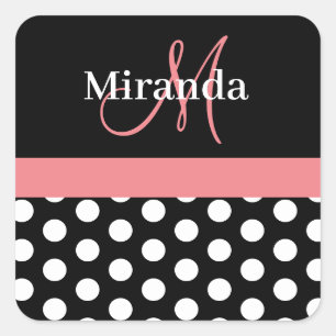 Pink Black White Polka Dot Monogram Square Sticker