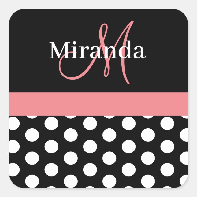 Pink Black White Polka Dot Monogram Square Sticker (Front)