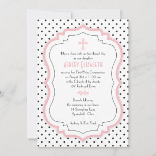Pink Black White Polka Dots Communion Invitation