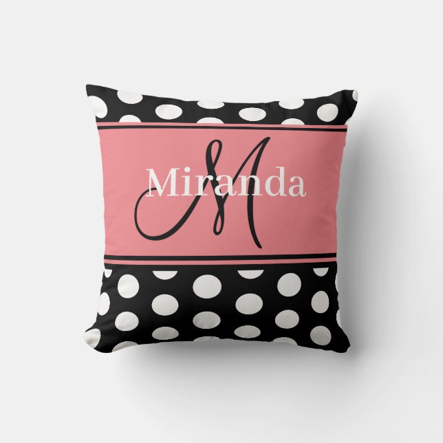 Pink Black White Polka Dots Monogram Script Cushion (Front)
