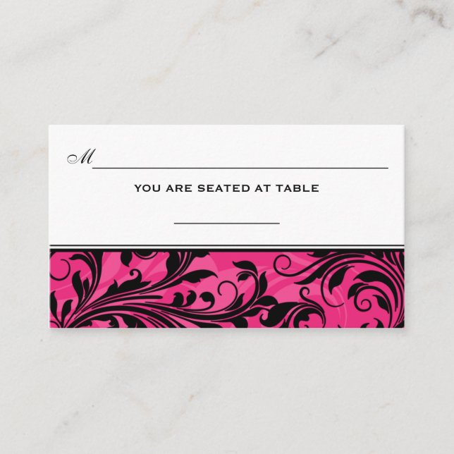 Pink Black White Scrolls Wedding Place Card (Front)