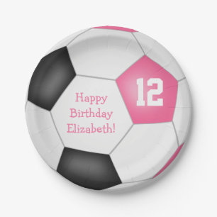 pink black white soccer themed birthday party paper plate