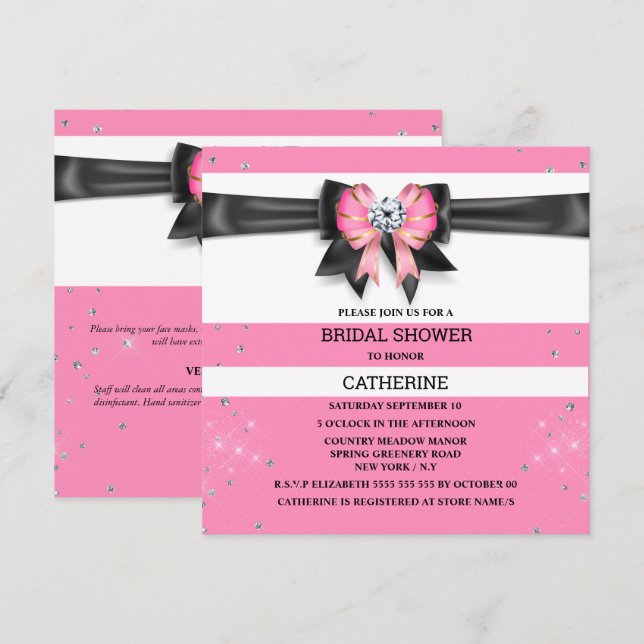 Pink black white stripe glitter bow sparkle invitation (Front/Back)