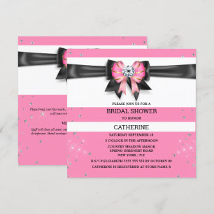 Pink black white stripe glitter bow sparkle invitation