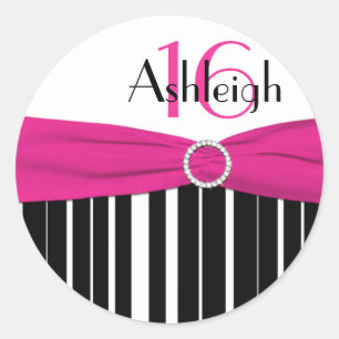 Pink, Black, White Striped 16th Birthday Sticker
