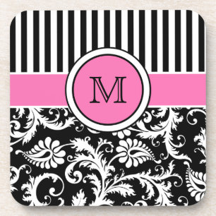 Pink, Black, White Striped Damask Coaster Set (6)