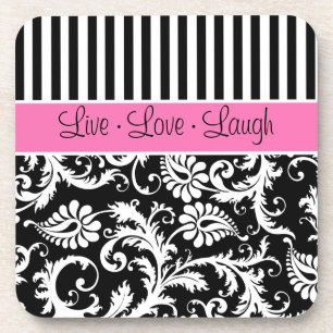 Pink, Black, White Striped Damask Coaster Set (6)
