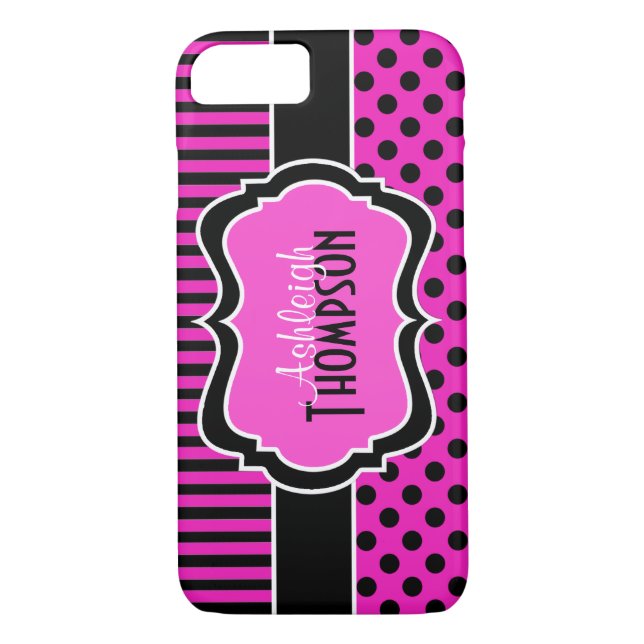 Pink Black White Striped Polka Dots iPhone 7 Case (Back)