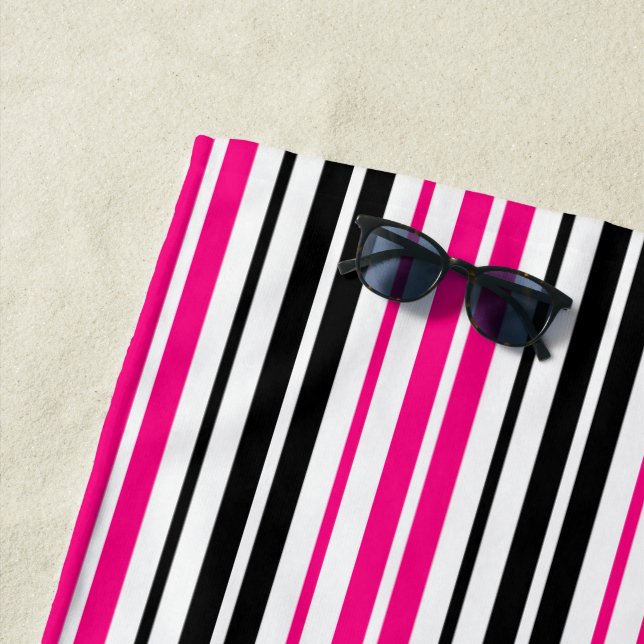 Pink Black White Stripes Pattern Design  Beach Towel (In Situ)