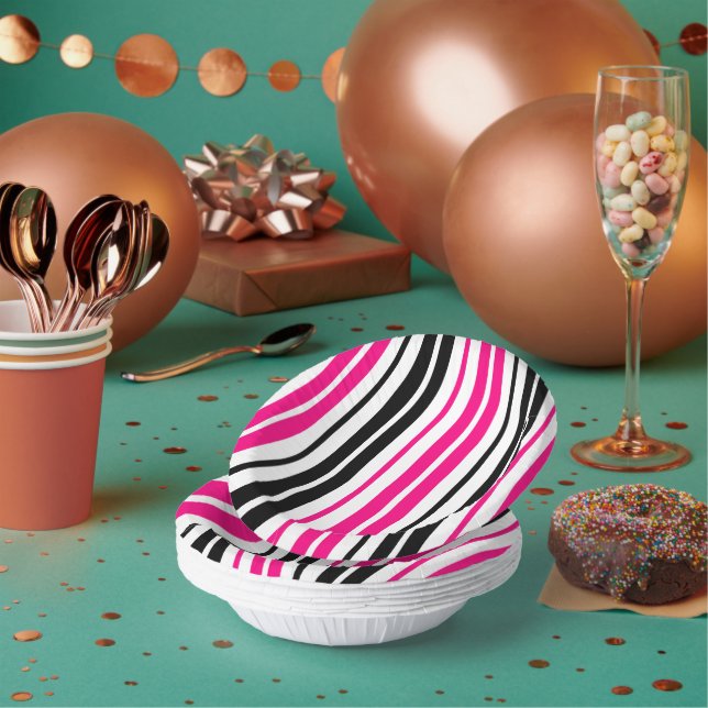 Pink Black White Stripes Pattern Design  Paper Plate (Multi)