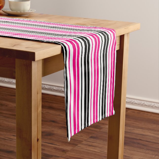 Pink Black White Stripes Pattern Design  Short Table Runner (In Situ)