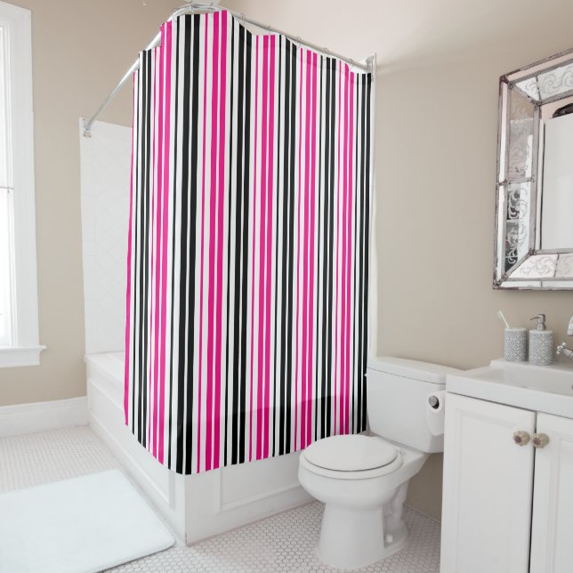 Pink Black White Stripes Pattern Design  Shower Curtain (In Situ)