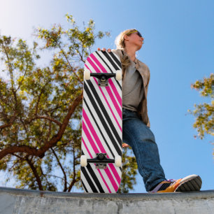 Pink Black White Stripes Pattern Design  Skateboard